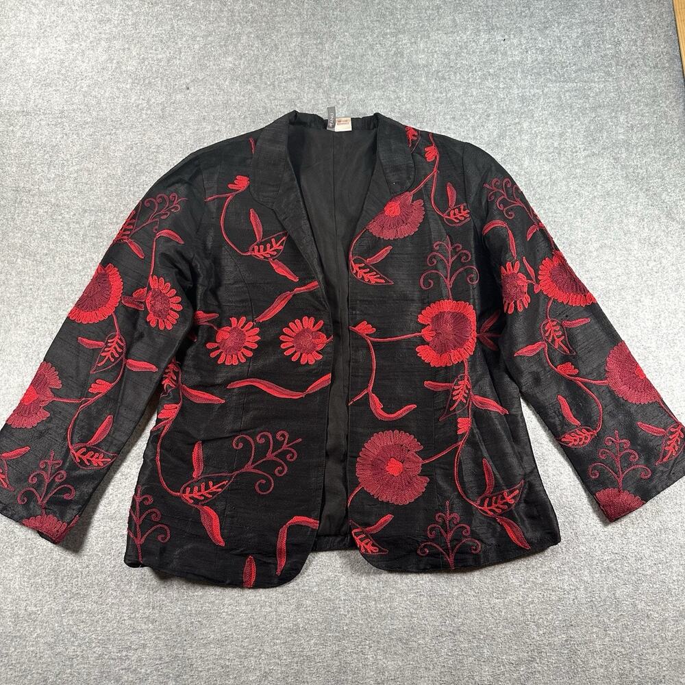 Anu 100% Silk Black And Red Embroidered Open Front Blazer Size Medium